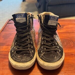 Authentic Golden Goose Glitter High-Top Slide Sneakers - Black and Multicolor